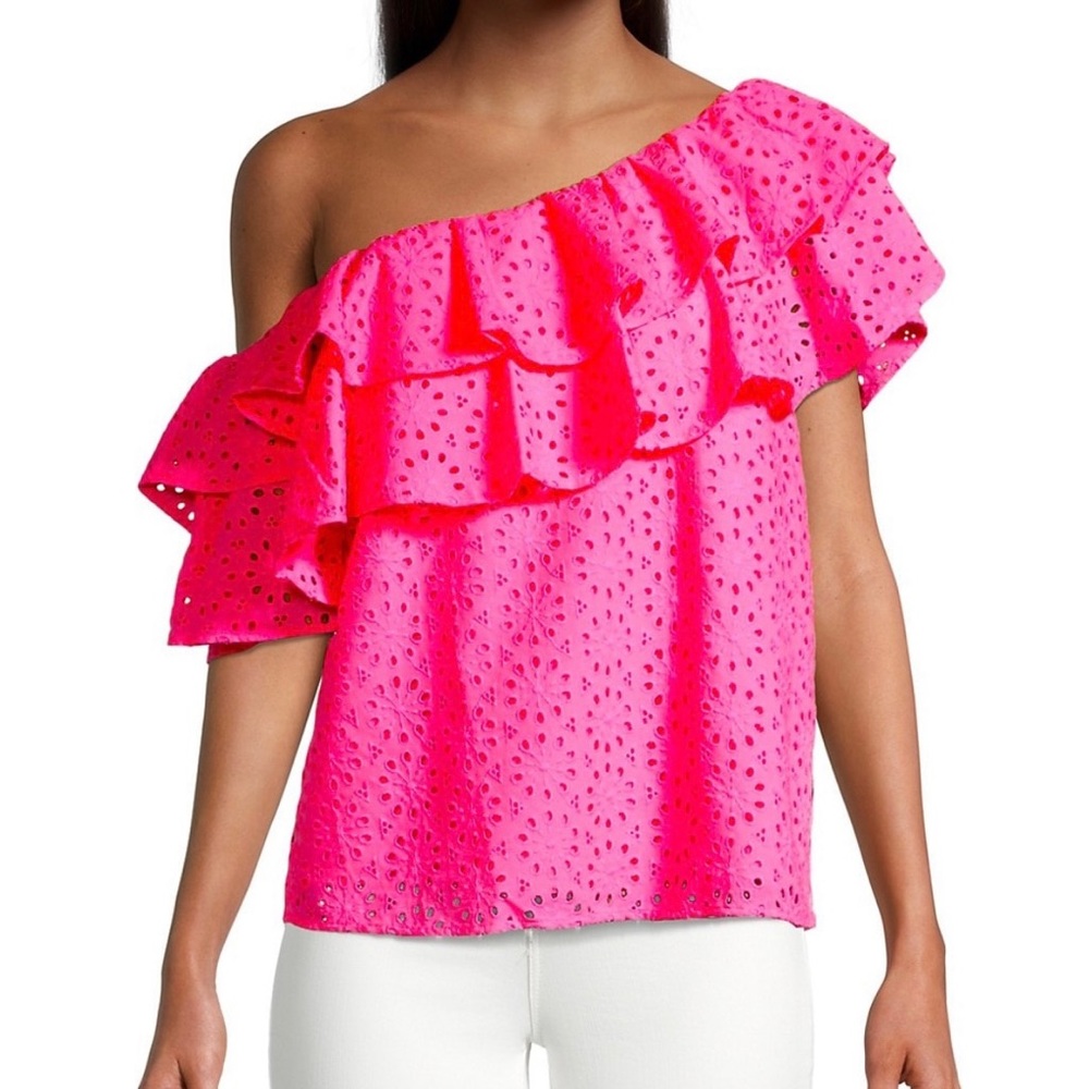 Lilly Pulitzer Trixie Ruffle Off Shoulder Top- Neon Sunburst Eyelet Raz Berry XL